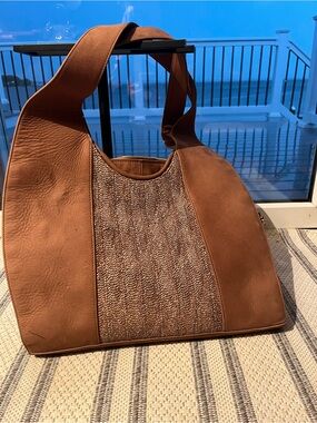 Stewart Weitzman Brown Leather & Woven Panel Tote Bag, Unique